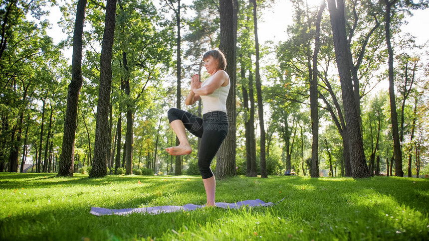 中年妇女在公园的新鲜绿草上练习瑜伽或健身的形象女身心健康冥想与和谐的人pf图片