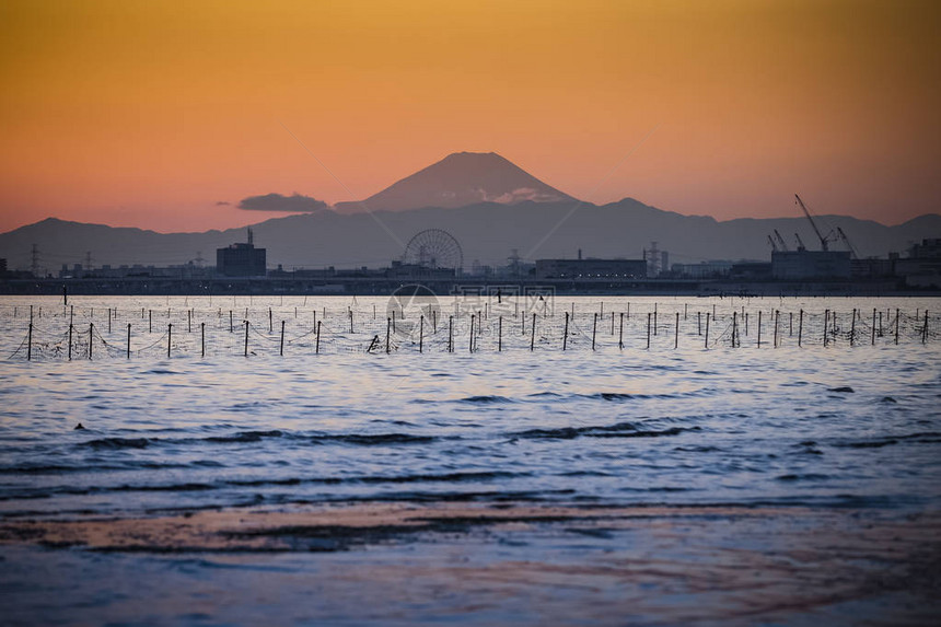 夕阳下的东京湾和富士山图片