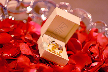 带红玫瑰花的金色订婚戒指图片