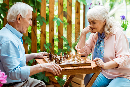 与老人下棋的白发老妇图片