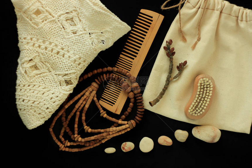 零浪费女装配饰天然身体刷木制发梳和珠子草帽可重复使用的纯棉手工包图片