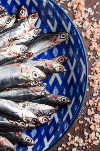 蓝鱼浅棕底深褐背景粉色盐的盘子中新鲜生凤尾鱼健康的蛋白质食品意图片
