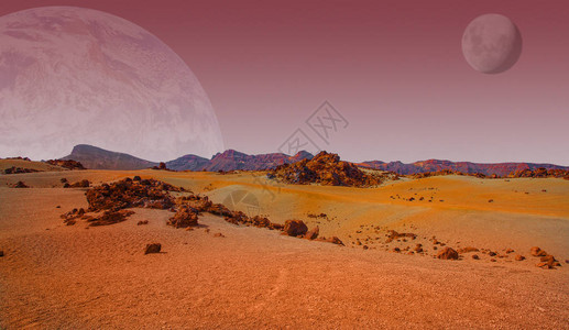 具有干旱景观岩石丘陵和山脉的红色星球背景图片