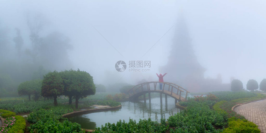 独自游民露着双臂观望迷雾的花园旅行冒图片