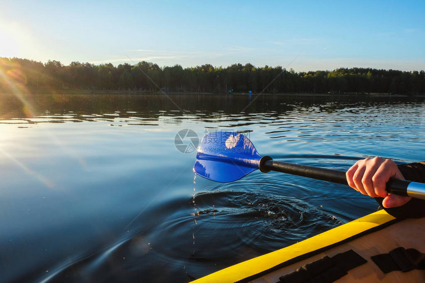 蓝桨和皮艇的碎片在清晨一个平静湖的背景上健康生活方式图片