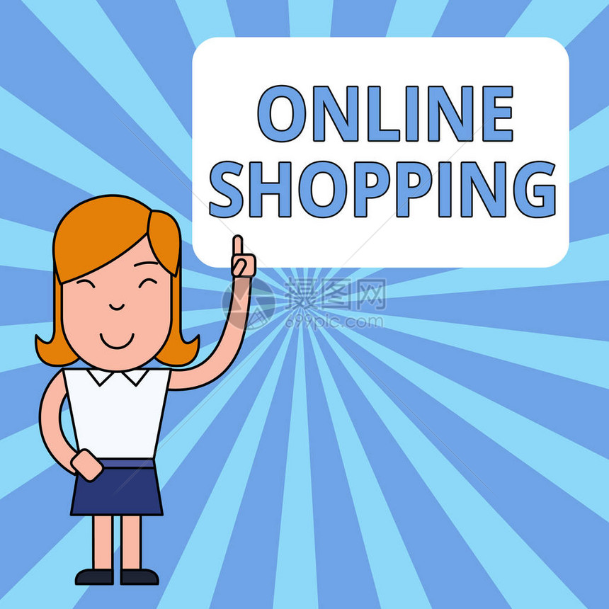 显示在线购物的书面说明允许消费者通过互联网购买商品的商业概念女站立图片