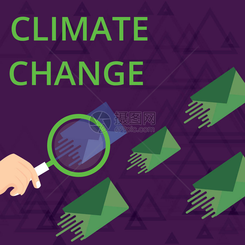 显示气候变化的文字符号商业照片展示全球平均温度上升天气转换放大镜在一个不同颜色的信封和其他图片