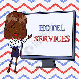 概念手写显示酒店服务概念意义住宿和住宿房屋的设施白人女在站立指图片
