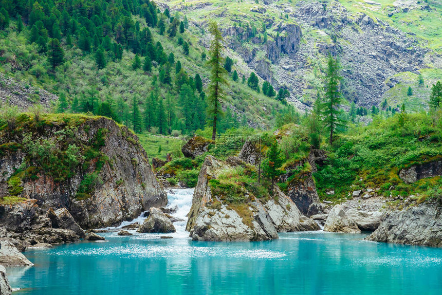 山溪汇入蔚蓝的湖水溪流湍急光滑的水面奇妙的岩石与丰富的高原植被美丽的针叶树雄伟的自然图片
