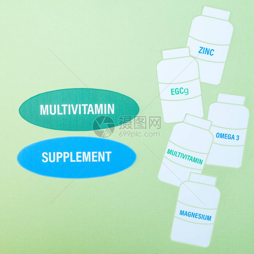 蓝色背景瓶中的补充剂和多种维生素图片