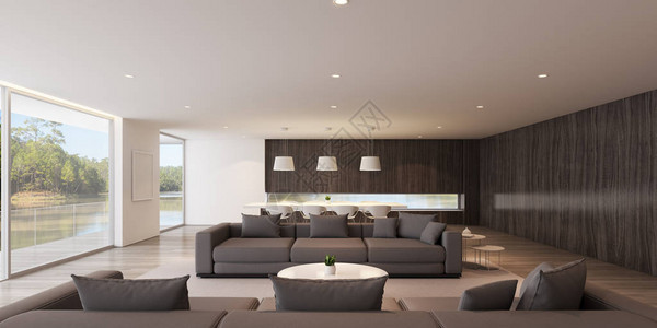 现代豪华客厅的透视与灰色沙发和餐桌在湖景背图片