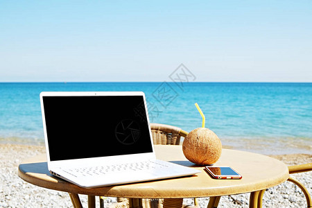 空白的屏幕笔记本电脑和整个椰子图片
