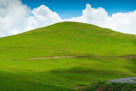 蓝色天空背景的美丽平板绿色山丘在清夏日明亮的蓝天图片