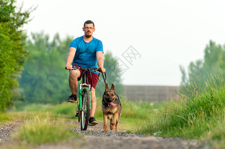 看一个骑自行车的帅哥训练德国牧图片