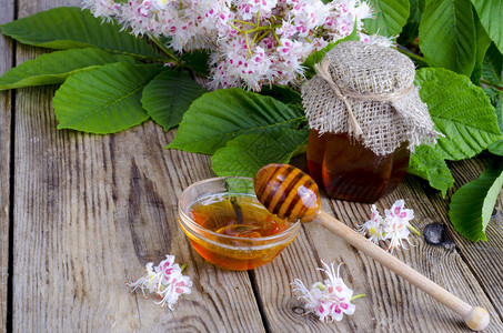 芬芳的栗子蜂蜜装在花瓶里工作室照片图片