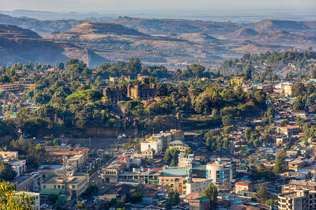 Gondar市和埃塞俄比亚Gondar皇家堡垒城市Fasil背景图片