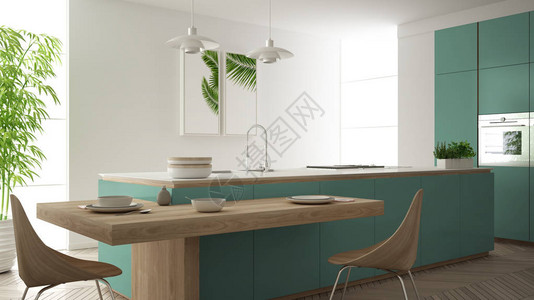 现代干净的现代绿松石厨房岛屿和木制餐桌图片