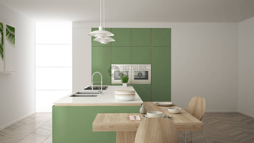 现代干净的当代绿色厨房带椅子的岛屿和木制餐桌竹子和盆栽植物大窗户和人字形镶木地板简图片