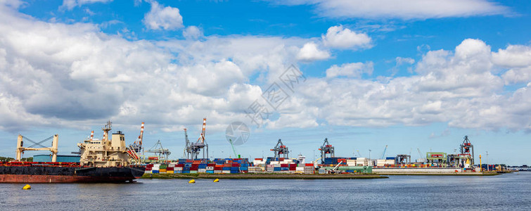大型架桥起重机集装箱和锚船荷兰鹿特丹国际港口全景阳光明媚的夏季日横图片