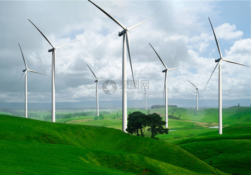 风力发电机在美丽的自然景观中生产可再生绿色能源是对环境友好的产业可持续发图片