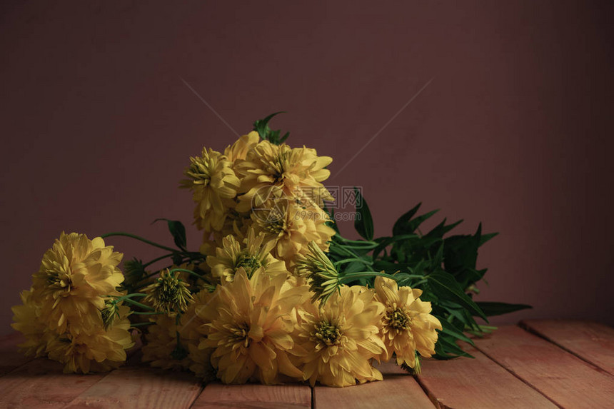 红色木桌上的黄色花朵美丽图片