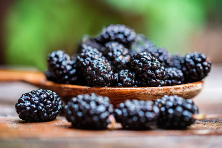 露天桌外木勺中黑熟的毛莓夏季食物概念背景图片