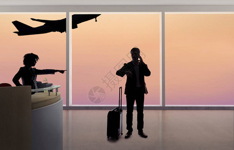 商业乘客在机场柜台与空姐或接待员争吵图片