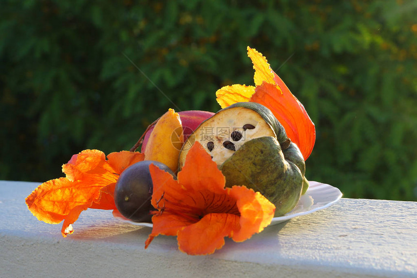 色彩多的切里莫亚安诺纳芒果和花朵在盘子图片