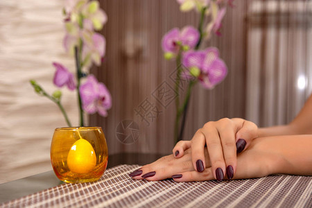 美容工作室桌边和蜡烛装饰上涂着葡萄酒彩色指甲油的女士手图片