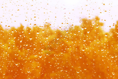 模糊的自然秋天背景玻璃上的雨滴图片