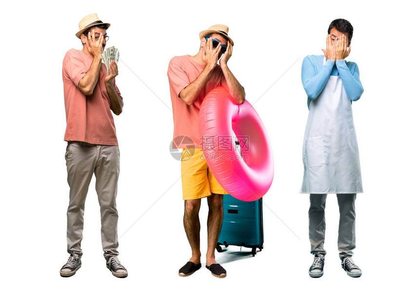 一群有账单的男人厨师和戴着帽子和太阳镜的男人在暑假里用手遮住眼图片