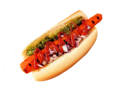 配有美味番茄酱和洋葱的胡萝卜素热狗图片