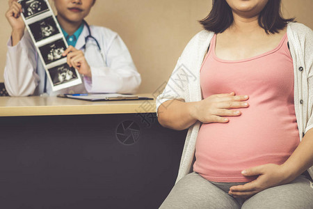 快乐的孕妇在医院或医疗诊所拜访妇科医生进行怀孕咨询看怀孕照图片