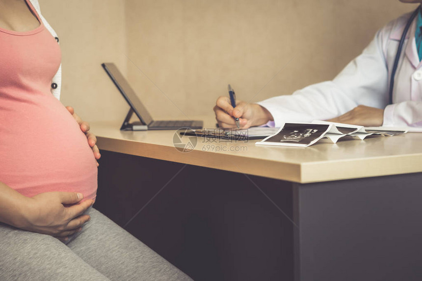 快乐的孕妇在医院或医疗诊所拜访妇科医生进行怀孕咨询看怀孕照图片