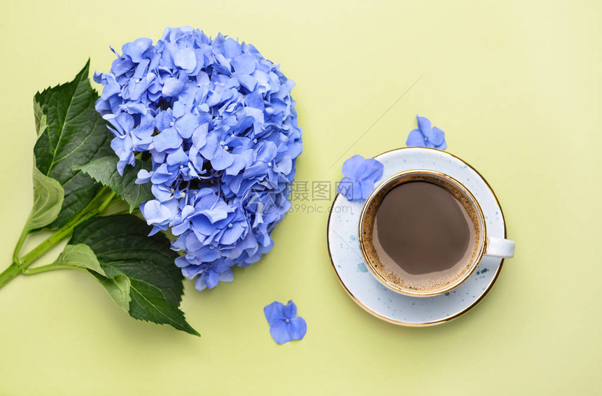 一杯咖啡和美丽的花朵彩图片