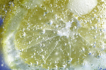 柠檬片以苏打的宏气泡图片