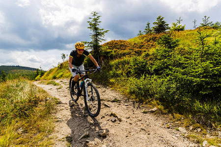 山地自行车女人骑自行车在秋天的山林景观骑自行车MTB流径的女人图片