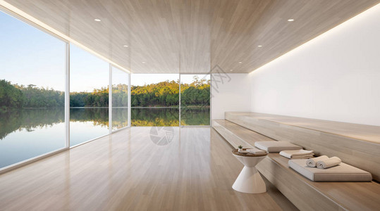 现代豪华客厅与木材座椅区和湖景背旁桌的视角图片