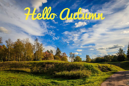 新一个月你好横幅你好秋天新的一个月问候卡金色的秋天秋天在公园里照片中的文字秋天公园背景
