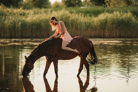 一位年轻女子坐在马上骑着一匹马坐着图片