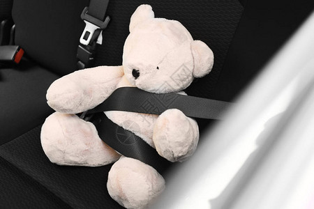 儿童玩具熊在汽车后座上系有安全带的安全图片