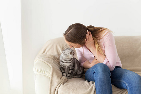 在家亲吻她可爱的毛茸的猫女人灰色虎斑可爱的苏格兰折耳猫宠物和图片