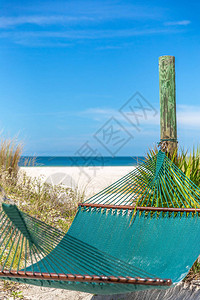 在阳光明媚的热带沙滩上空吊床和海洋背景的暑夏沙滩放图片
