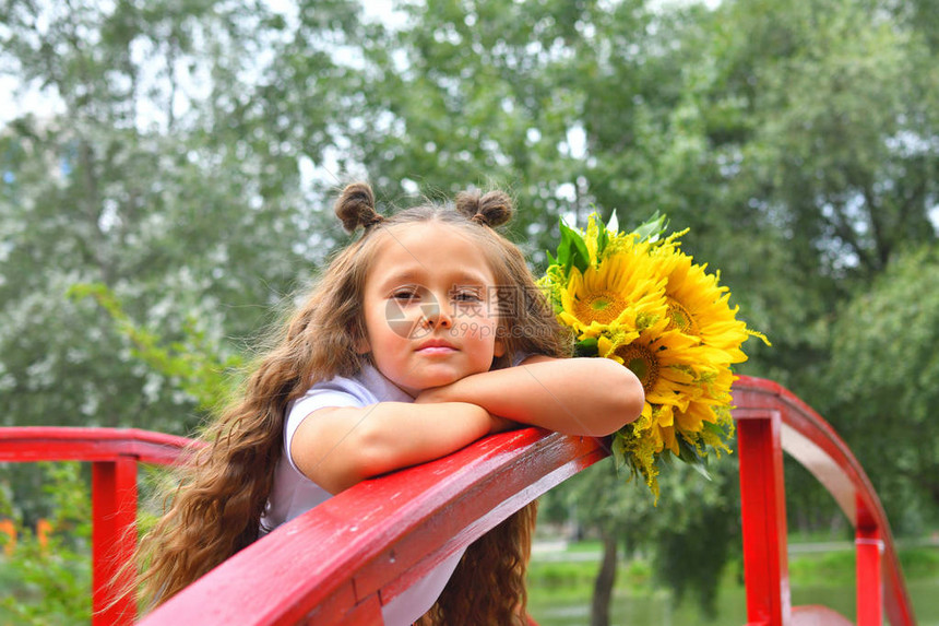 一个美丽的年轻女学生在背景秋天公园和红桥上的画像回到学校告别钟知识图片