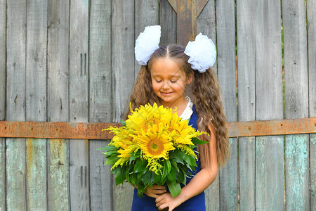 一个美丽的年轻一年级学生的肖像与一束向日葵在背景旧木栅栏上的节日校服告别钟知识背景图片