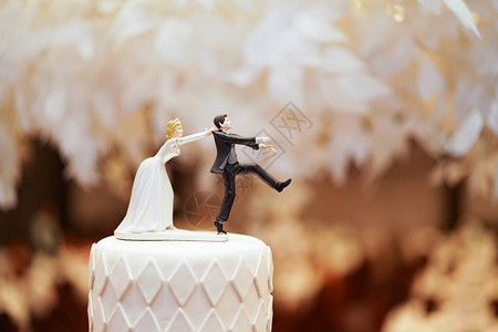 新郎娃和雕像都跑掉了但是新娘终于可以抓到他了蛋糕顶端的有趣的婚图片