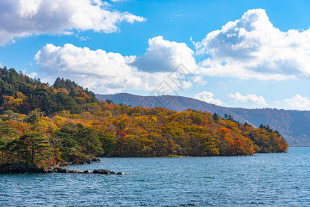 美丽的秋叶风景秋天充满了绚丽的色彩从十和田湖观光游轮的视图清澈的蓝天图片