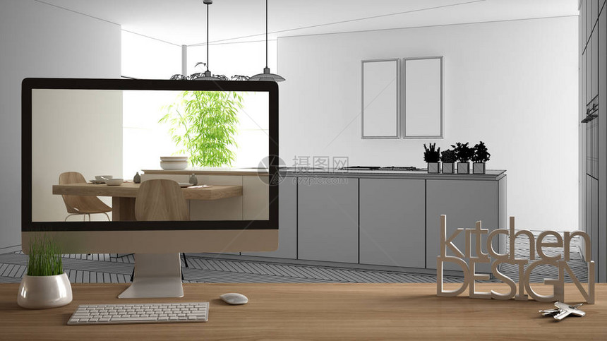 建筑师设计师项目概念带房屋钥匙的木桌3D字母词厨房设计和桌面显示草稿背景中的蓝图CAD草图图片
