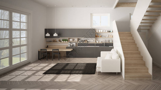 简约的现代白色灰色和木制厨房图片