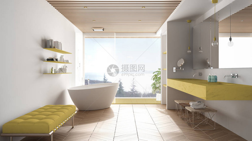 豪华的现代白色和黄色浴室配有镶木地板和木天花板海景大全景窗浴缸淋浴和双水槽室内设计图片